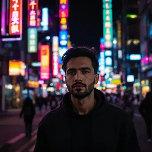 A nighttime portrait of a man lit by neon signs on a city street. - Black Forest Labs Flux 1.1 Pro Ultra