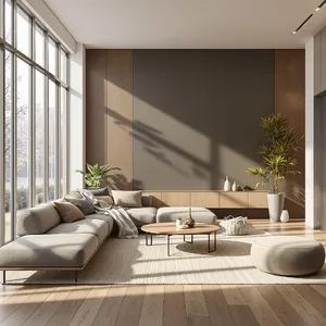 A photorealistic interior of a modern Scandinavian-style living room with natural light streaming through floor-to-ceiling windows. Show detailed wood textures, fabric materials, and proper light reflections. - Black Forest Labs Flux 1.1 Pro Ultra