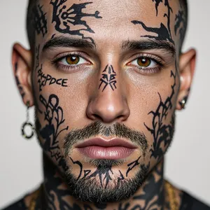 A portrait of a person with elaborate facial tattoos and piercings, shown in sharp detail. - Black Forest Labs Flux 1.1 Pro Ultra