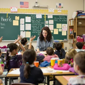 A school classroom of children and a teacher, each student engaged in a different activity. - Black Forest Labs Flux 1.1 Pro Ultra