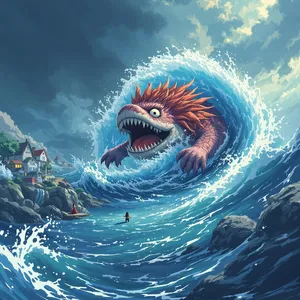 A sea creature rising from a stormy ocean near a village. Replicate the visual style of 'Ponyo' by Studio Ghibli, with Miyazaki's fluid water animations and vibrant creatures. - Black Forest Labs Flux 1.1 Pro Ultra