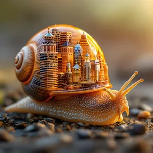 A snail whose shell contains a miniature city skyline, depicted in a hyperrealistic macro photography style with intricate architectural details and ambient lighting. - Black Forest Labs Flux 1.1 Pro Ultra