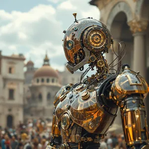 A steampunk robot time-traveling in ancient Rome, depicted in a detailed cinematic style that blends historical accuracy with copper and brass retrofuturistic aesthetics. - Black Forest Labs Flux 1.1 Pro Ultra