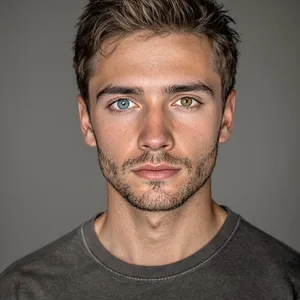 A studio headshot of a young man with one blue eye and one green eye (heterochromia). - Black Forest Labs Flux 1.1 Pro Ultra