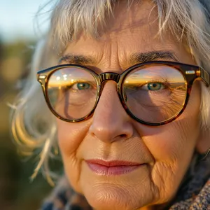 A ultra high-resolution portrait of an elderly woman with silver hair and bifocal glasses, each lens reflecting a distant landscape, captured in warm late-afternoon sunlight - Black Forest Labs Flux 1.1 Pro Ultra