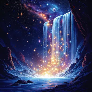 A waterfall that pours out stars and galaxies instead of water, illustrated in a cosmic fantasy style with vibrant space colors and dramatic lighting effects. - Black Forest Labs Flux 1.1 Pro Ultra