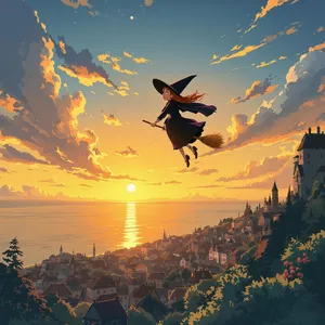 A young witch flying on a broomstick above a coastal town at sunset. Exact art style of 'Kiki's Delivery Service' by Studio Ghibli, with Miyazaki's character design and warm colors. - Black Forest Labs Flux 1.1 Pro Ultra
