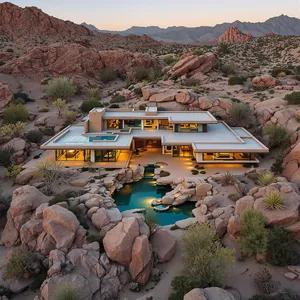 Aerial view of a modernist desert home, in the style of Frank Lloyd Wright's Fallingwater but adapted to desert conditions. Show integration with rocky landscape and water features. - Black Forest Labs Flux 1.1 Pro Ultra