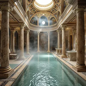 An ancient Roman bathhouse interior with accurate architectural details - marble columns, mosaic floors, arched ceilings, and steam rising from pools. Natural light from oculus openings. - Black Forest Labs Flux 1.1 Pro Ultra