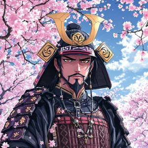 An anime-style portrait of a samurai standing under pink cherry blossoms. - Black Forest Labs Flux 1.1 Pro Ultra
