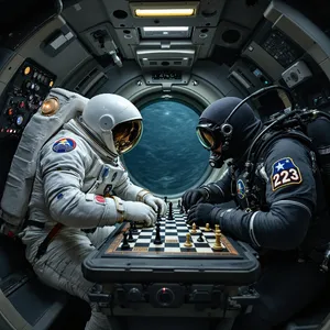 An astronaut and a deep-sea diver playing chess together inside a submarine. - Black Forest Labs Flux 1.1 Pro Ultra