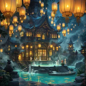 An enchanted bathhouse with glowing lanterns and spirits. Recreate the visual style of 'Spirited Away' by Studio Ghibli, with Miyazaki's ornate architecture and magical atmosphere. - Black Forest Labs Flux 1.1 Pro Ultra