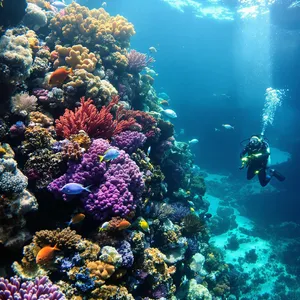 An underwater scene with scuba divers exploring a coral reef alongside colorful fish and a sunken ship. - Black Forest Labs Flux 1.1 Pro Ultra