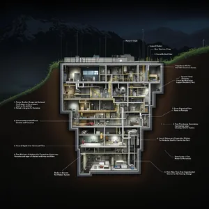 Cross-section rendering of a multi-level underground bunker with different functional areas, structural support systems, ventilation, and power generation facilities visible. - Black Forest Labs Flux 1.1 Pro Ultra