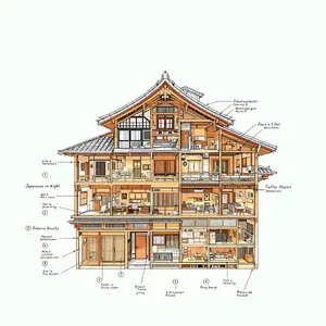 Cutaway architectural drawing of a traditional Japanese machiya townhouse showing all rooms and structural elements. Include accurate proportions, traditional joinery, and typical spatial organization. - Black Forest Labs Flux 1.1 Pro Ultra