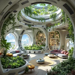 Interior of a futuristic space habitat with hydroponics gardens, communal areas, and living quarters. Show curved walls, artificial gravity considerations, and multipurpose furniture designs. - Black Forest Labs Flux 1.1 Pro Ultra