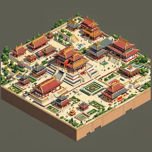 Isometric architectural illustration of an ancient Chinese temple complex showing multiple pavilions, gardens, and ceremonial spaces. Include proper roof structures and traditional ornamentation. - Black Forest Labs Flux 1.1 Pro Ultra