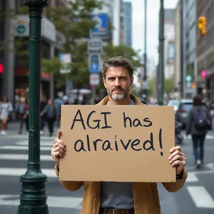 Photorealistic daytime street photograph, clearly showing a man standing still on a busy urban street corner holding a rectangular cardboard sign clearly facing camera, handwritten bold black marker text clearly readable as 