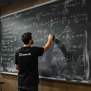 Photorealistic depiction of a man wearing a clearly visible black OpenAI-branded T-shirt. He is standing at the front of a university lecture hall, writing complex mathematics and AI-related equations across a large, dusty chalkboard filled with notation - Black Forest Labs Flux 1.1 Pro Ultra