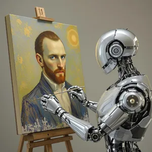 Photorealistic image of a robot painting a realistic self-portrait (i.e. the robot) on canvas, mimicking Van Gogh’s art style; clear, realistic metallic textures and painting details visible - Black Forest Labs Flux 1.1 Pro Ultra