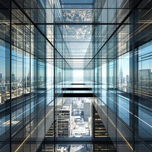 Photorealistic rendering of a contemporary glass skybridge between two skyscrapers, seen from inside with city views visible through glass walls and floor. Show accurate reflections and structural details. - Black Forest Labs Flux 1.1 Pro Ultra