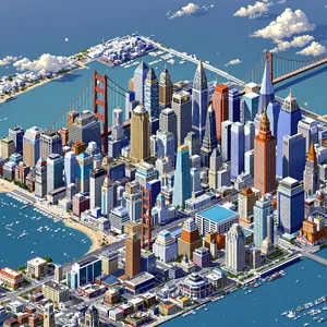 Pixel art cityscape of San Francisco in the iconic SimCity 2000 style, isometric view, detailed skyscrapers, residential areas, clearly identifiable Golden Gate Bridge, Coit Tower, Transamerica Pyramid, surrounded by the classic SimCity 2000 UI elements - Black Forest Labs Flux 1.1 Pro Ultra