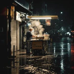 Rain-slicked Singapore street, 3 AM. A lone elderly hawker cleans his cart under one flickering fluorescent light. Steam rises gently. Low-angle shot, photorealistic - Black Forest Labs Flux 1.1 Pro Ultra