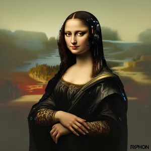 The Mona Lisa reimagined as a futuristic android, rendered in a digital art style that preserves Da Vinci's composition while incorporating sleek cyberpunk aesthetics and technological elements. - Black Forest Labs Flux 1.1 Pro Ultra