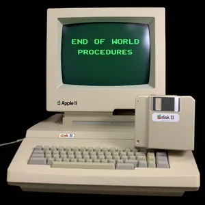 Vintage Apple II computer with green monochrome CRT screen, displaying 'END OF WORLD PROCEDURES' in green text. Two external floppy drives stacked on the right, labeled disk II with rainbow Apple logos. Beige casing, black background, retro aesthetic. - Black Forest Labs Flux 1.1 Pro Ultra