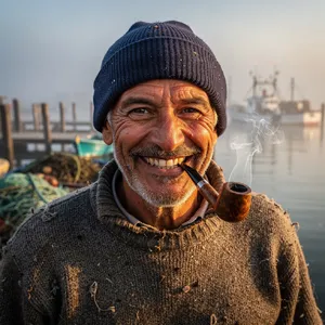 A 4K photo of an old fisherman with a weathered face and a pipe, grinning. - Black Forest Labs FLUX.2 Max