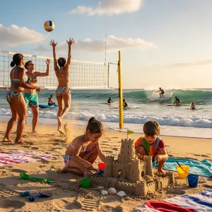 A beach scene: adults playing volleyball, kids building sandcastles, and surfers riding waves. - Black Forest Labs FLUX.2 Max