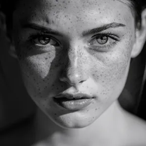 A black and white close-up portrait of a freckled woman with an intense gaze. - Black Forest Labs FLUX.2 Max