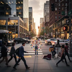 A busy city intersection with cars, pedestrians, and street performers all in one frame. - Black Forest Labs FLUX.2 Max