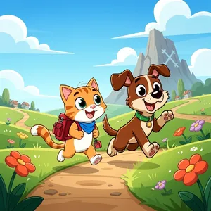 A cartoon of a cat and a dog on an adventure, drawn in a colorful 2D style. - Black Forest Labs FLUX.2 Max