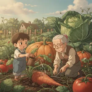 A child and elder tending oversized vegetables in a garden. Reproduce the artistic style of Studio Ghibli, with their distinctive character proportions and detailed plant illustrations. - Black Forest Labs FLUX.2 Max