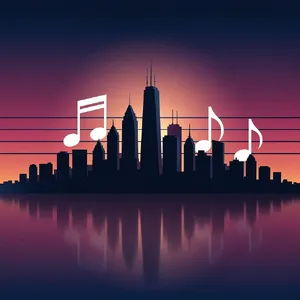 A city skyline that forms the shape of musical notes on a staff, created in a stylized graphic design aesthetic with clean architectural lines and dramatic twilight colors. - Black Forest Labs FLUX.2 Max