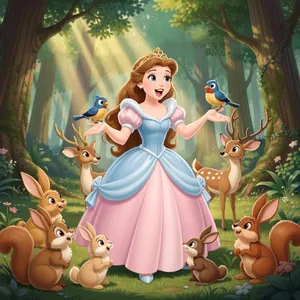 A classic Disney-like 2D cartoon princess singing with animals in a forest. - Black Forest Labs FLUX.2 Max