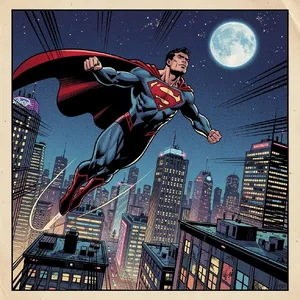 A comic-book style superhero flying over a city at night, with halftone shading. - Black Forest Labs FLUX.2 Max