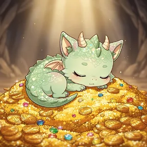 A cute chibi-style dragon sleeping on a pile of gold. - Black Forest Labs FLUX.2 Max
