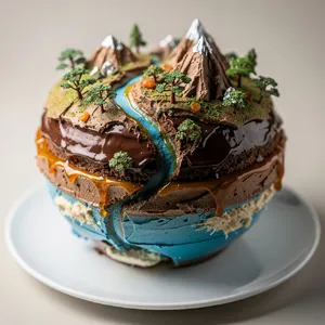 A dessert cake that looks like a tiny planet, complete with miniature trees and mountains, photographed in a professional food photography style with tilt-shift focus effect. - Black Forest Labs FLUX.2 Max