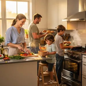 A family cooking together in a kitchen, each person busy with a different task. - Black Forest Labs FLUX.2 Max