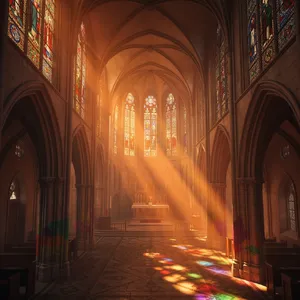A Gothic cathedral interior at sunset with light streaming through detailed stained glass windows, creating colored patterns on stone floors and columns. Show accurate ribbed vaulting. - Black Forest Labs FLUX.2 Max