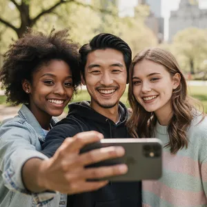 A group selfie of three friends of different ethnic backgrounds smiling at the camera. - Black Forest Labs FLUX.2 Max
