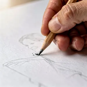 A hand drawing a sketch on paper with a pencil, the hand and pencil tip in clear focus. - Black Forest Labs FLUX.2 Max