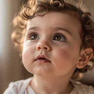 A hyper-realistic photo of a toddler with curly hair and big eyes, looking upward. - Black Forest Labs FLUX.2 Max