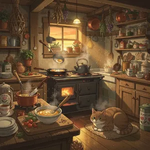 A kitchen with magical cooking implements preparing breakfast. Duplicate the artistic style of Studio Ghibli's domestic scenes, with Miyazaki's detailed settings and warm lighting. - Black Forest Labs FLUX.2 Max