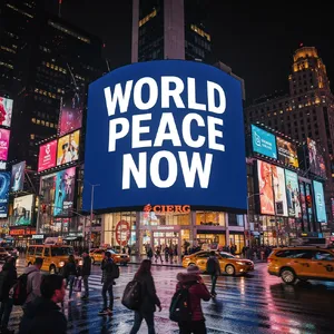 A large storefront billboard at Times Square displaying the slogan “WORLD PEACE NOW” in bold, clear letters, amidst a vibrant cityscape at night. - Black Forest Labs FLUX.2 Max