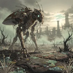 A mechanical creature in a polluted landscape. Capture the visual aesthetic of 'Nausicaä' by Studio Ghibli, with Miyazaki's mechanical designs and environmental contrast. - Black Forest Labs FLUX.2 Max