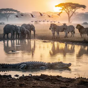 A misty dawn at an African savanna watering hole where elephants, lions, and zebras coexist in tense harmony, with a crocodile partially submerged in the foreground and flamingos taking flight in the background, golden hour lighting. - Black Forest Labs FLUX.2 Max