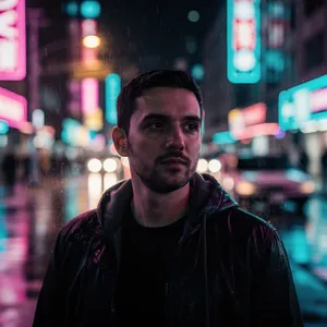 A nighttime portrait of a man lit by neon signs on a city street. - Black Forest Labs FLUX.2 Max